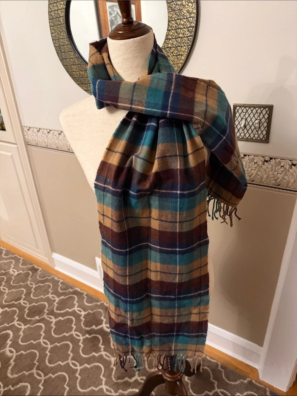 Plaid Teal and Brown Wool Scarf - Classic Home Accents like new Great condition